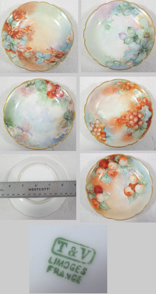 5 Antique French Hand Painted Tresseman Vogt Limoges Porcelain Berry Bowls