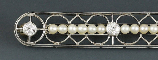 Wonderful Antique Art Deco Diamond Pearl Platinum 14k Gold Filigree Bar Pin