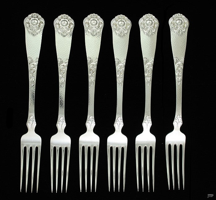 6 Antique 1928 Norwegian Silver Hand Hammered Flower Forks 7 1/8"