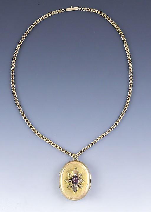c1870s Victorian 14K Gold Garnet & Pearl Locket Pendant w Chain