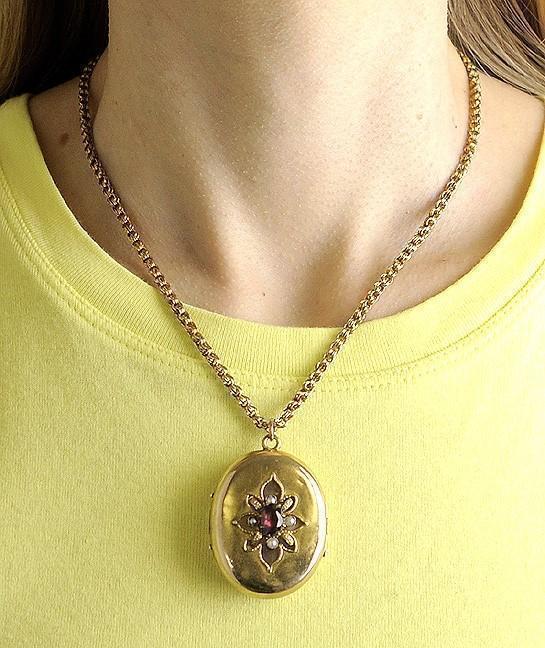 c1870s Victorian 14K Gold Garnet & Pearl Locket Pendant w Chain