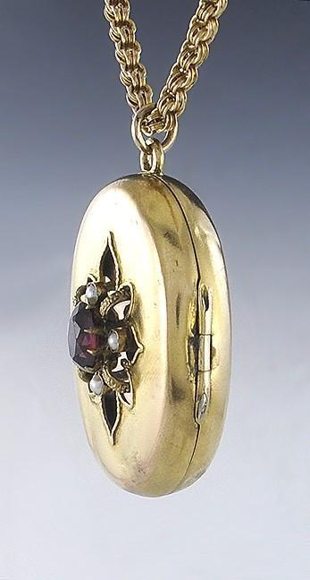 c1870s Victorian 14K Gold Garnet & Pearl Locket Pendant w Chain