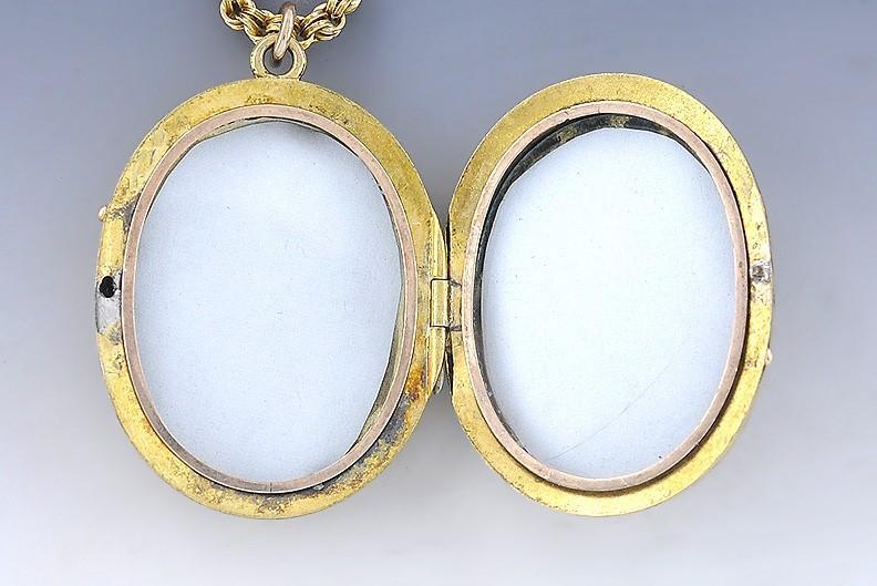 c1870s Victorian 14K Gold Garnet & Pearl Locket Pendant w Chain