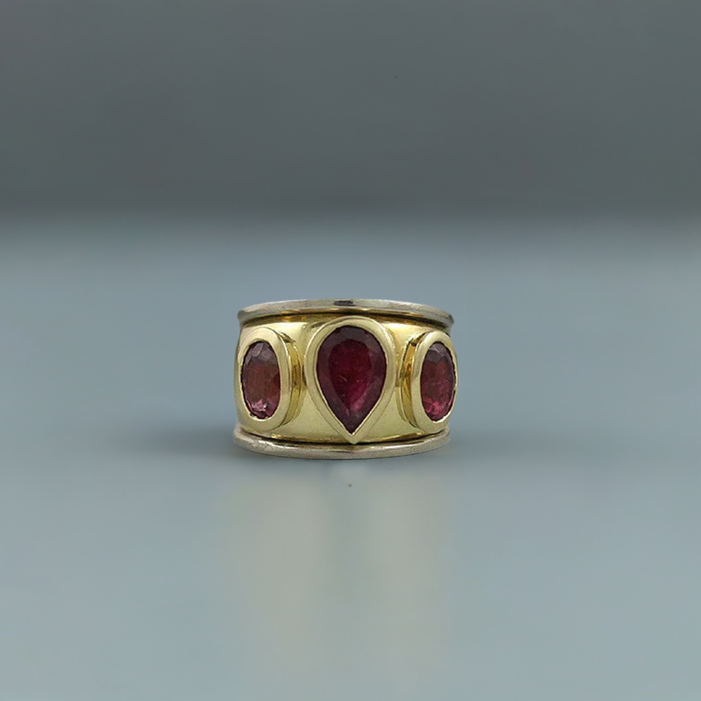 18K Yellow and White Gold 3-Stone Red Tourmaline Rubellite Ring