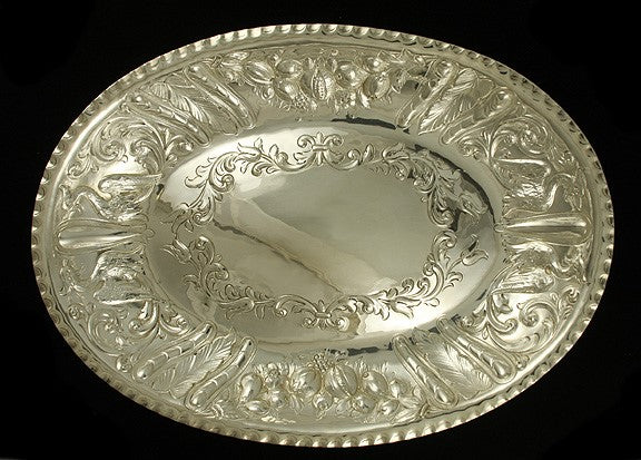 Antique English 1809 Georgian Sterling Silver Peacock Repousse Dish 12.5" X 9"