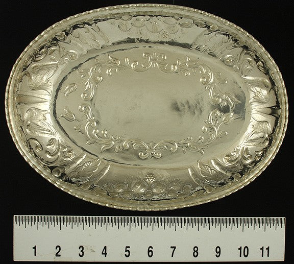 Antique English 1809 Georgian Sterling Silver Peacock Repousse Dish 12.5" X 9"