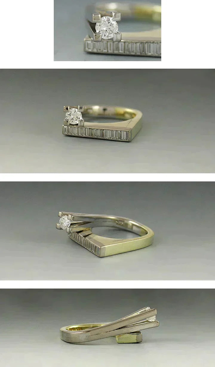 Delightful Modernist Geometric 14k White and Yellow Gold Diamond Ring Size 4