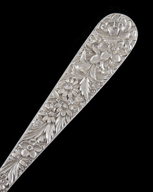 Antique Art Nouveau Kirk Repousse Flower Sterling Silver Serving Spoon 9 1/2"