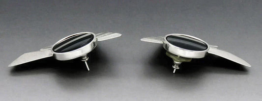 Handcrafted Sterling Silver Onyx Stone Fan Form Geometric Statement Earrings 2"