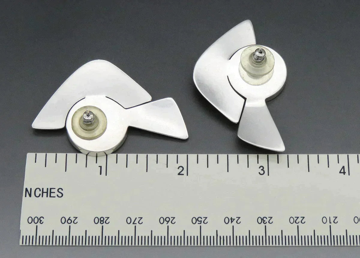 Handcrafted Sterling Silver Onyx Stone Fan Form Geometric Statement Earrings 2"
