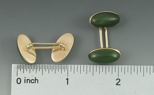 Handsome Vintage 14k Gold Jade Cabochon Cufflinks c1920s