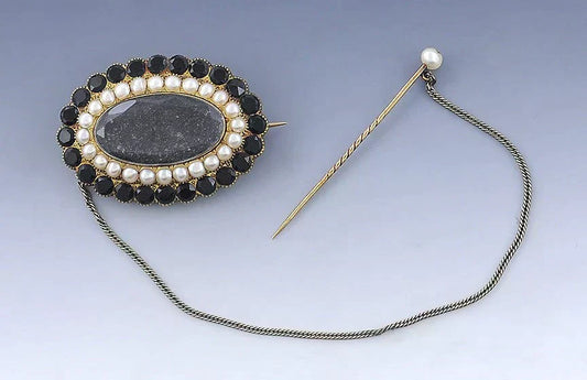 Lovely Victorian 18k Gold Pearl Onyx Hair Mourning Pin/Brooch