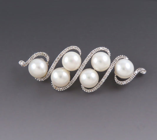 Classy 18k White Gold Diamond ~8.5-9mm Pearl Serpentine Pin Brooch