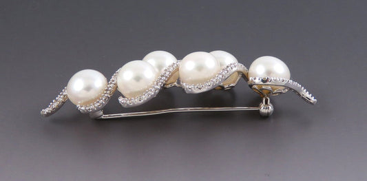 Classy 18k White Gold Diamond ~8.5-9mm Pearl Serpentine Pin Brooch