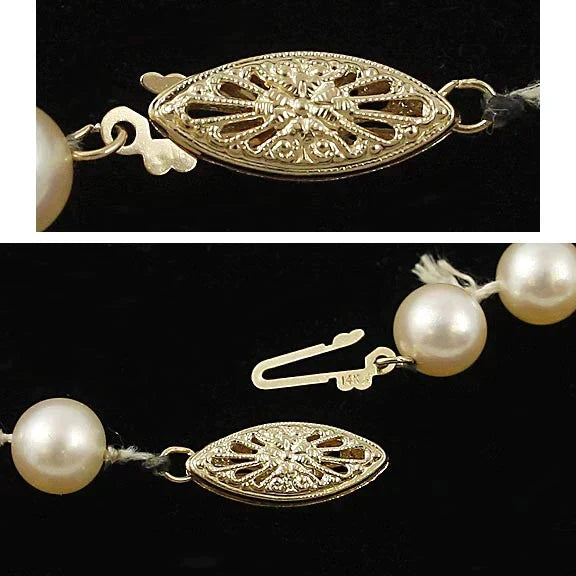 Quality Modern Individually Knotted Pearl & 14K Gold Filigree Clasp Necklace