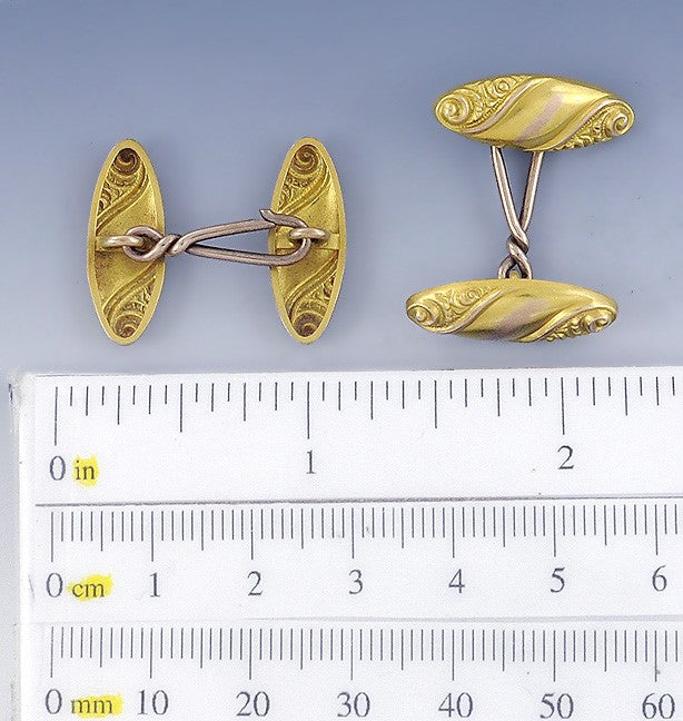 Handsome Pair Antique Victorian 10k Yellow Gold Scroll Cufflinks