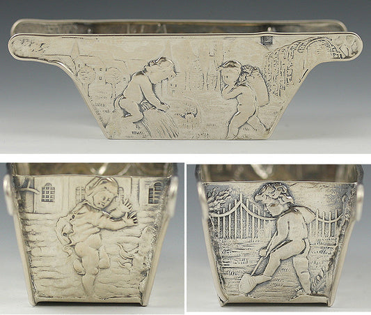 Antique Hanau German Silver Miniature Trough Grape Treading Wine Making Scene