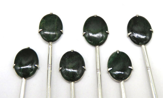 6 Antique Hong Kong Sterling Silver Jade Stone Bamboo Cocktail Stirrer Spoons