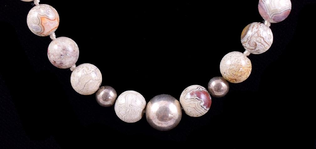 Fun Long Necklace of Neutral Tone Gray/Brown/Black and Silver Stone Beads