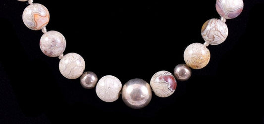 Fun Long Necklace of Neutral Tone Gray/Brown/Black and Silver Stone Beads
