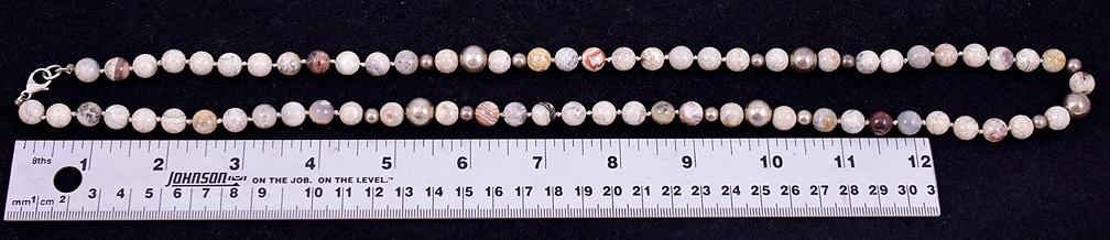 Fun Long Necklace of Neutral Tone Gray/Brown/Black and Silver Stone Beads