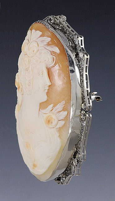 c1915 Large Finely Carved Cameo 14k White Gold Filigree Pin Brooch Pendant