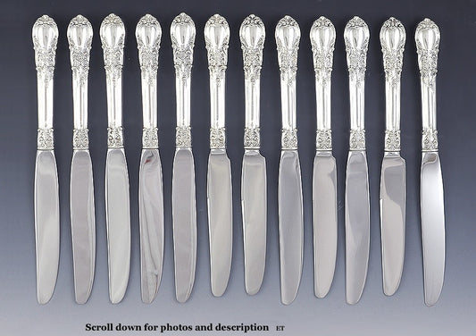 Fine Set 12 Lunt Sterling Silver American Victorian Pattern Knives