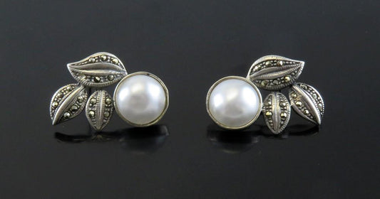 Stylish VTG Sterling Silver Mabe Pearl Marcasite Leaf Fruit Flower Stud Earrings
