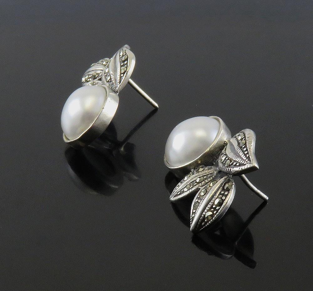 Stylish VTG Sterling Silver Mabe Pearl Marcasite Leaf Fruit Flower Stud Earrings