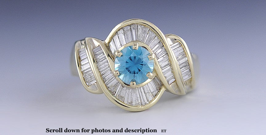 14K Yellow Gold Bright Blue Natural Zircon Gemstone Diamond Ring Size 10