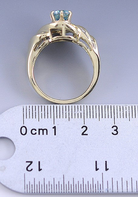 14K Yellow Gold Bright Blue Natural Zircon Gemstone Diamond Ring Size 10