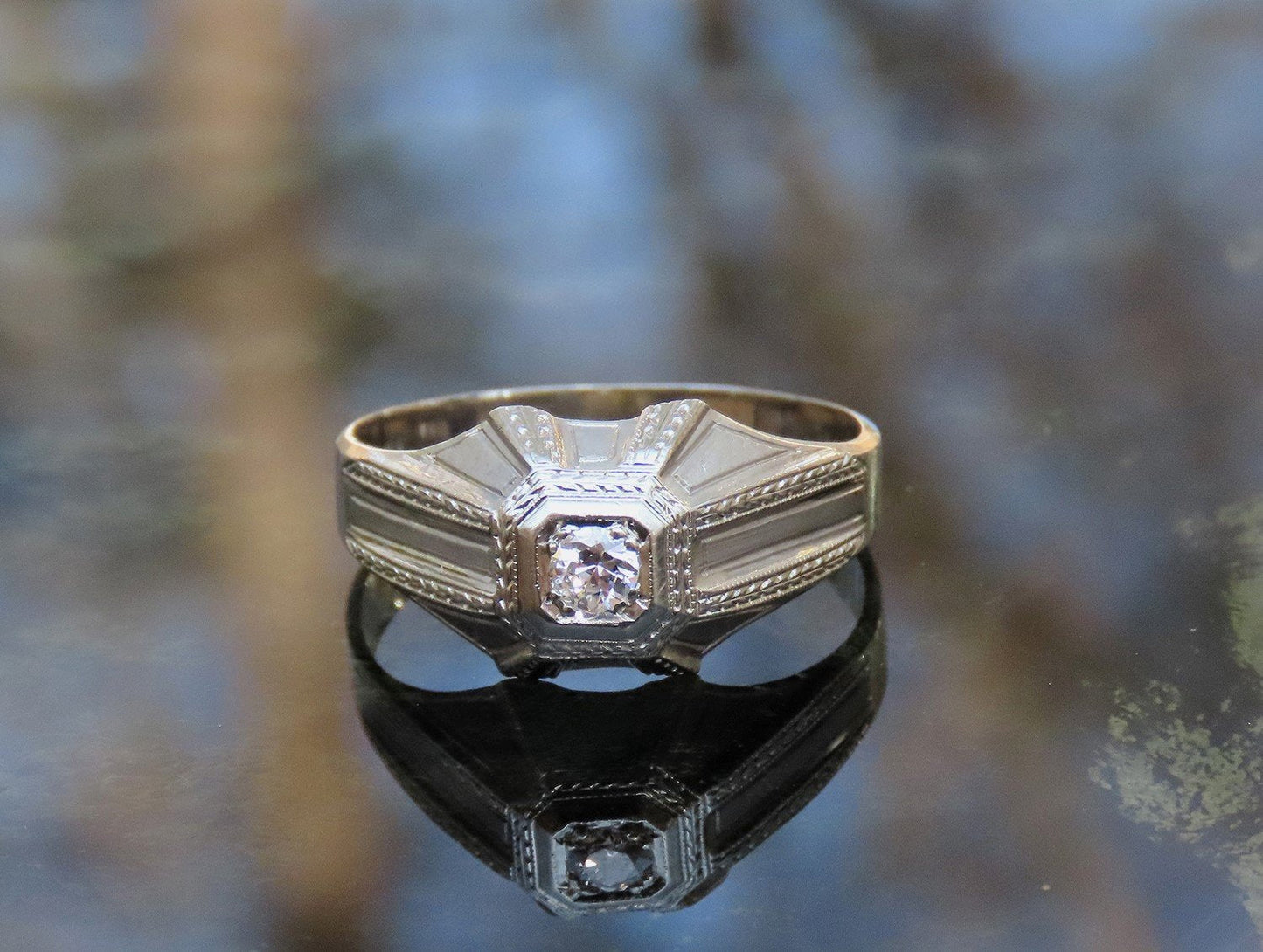Stylish c1920s Art Deco 18k White Gold Diamond Engraved Octagonal Ring