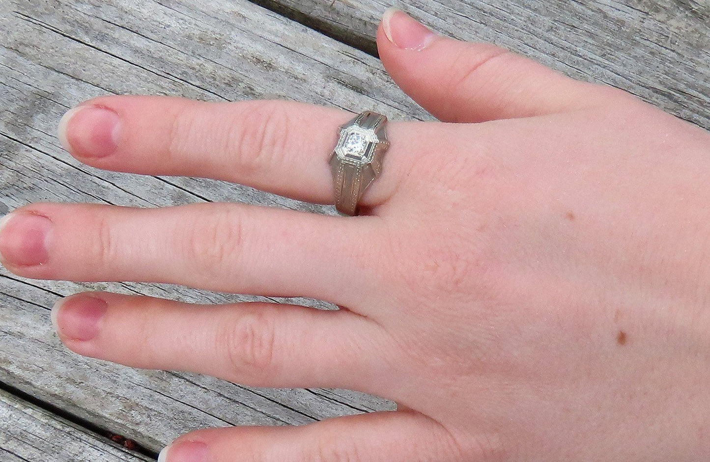 Stylish c1920s Art Deco 18k White Gold Diamond Engraved Octagonal Ring