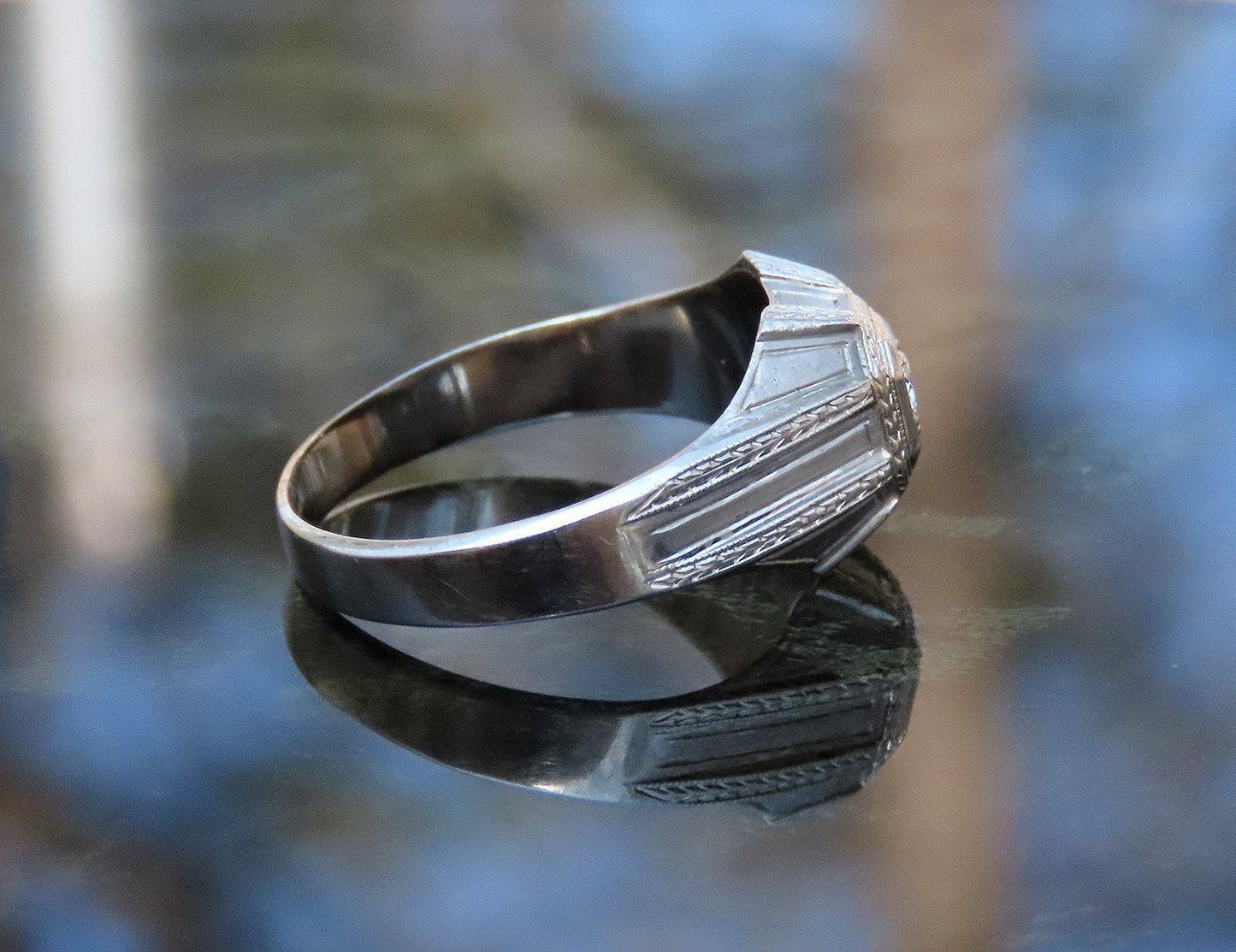 Stylish c1920s Art Deco 18k White Gold Diamond Engraved Octagonal Ring
