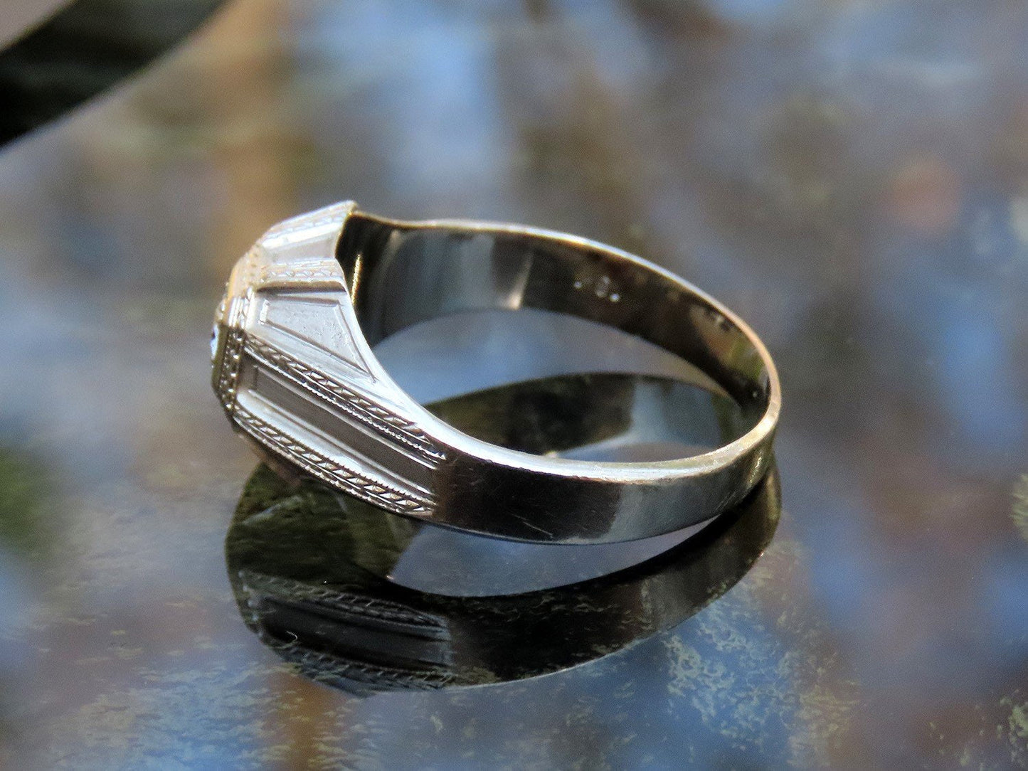 Stylish c1920s Art Deco 18k White Gold Diamond Engraved Octagonal Ring