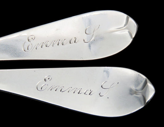 Antique Pair American Coin Silver Salt Spoons Fluted Bowl "Emma L" Monogram
