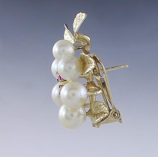 Lovely Pair of 14k Yellow Gold Leaf Pearl & Ruby Earrings