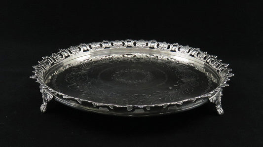Antique c1870 Portuguese .958 Silver Hand Engraved Round Tray Platter 9 3/4"