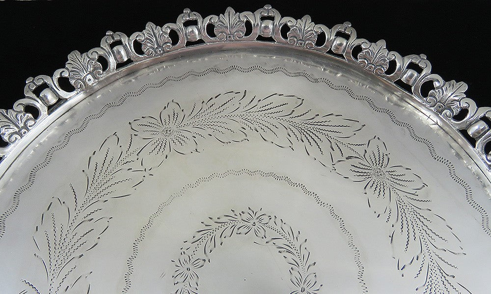 Antique c1870 Portuguese .958 Silver Hand Engraved Round Tray Platter 9 3/4"