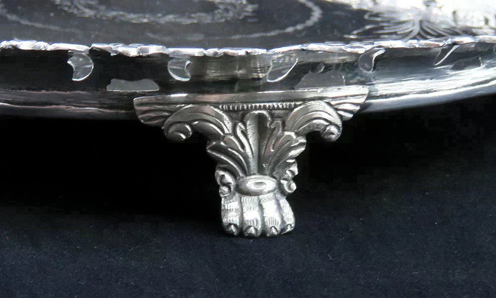 Antique c1870 Portuguese .958 Silver Hand Engraved Round Tray Platter 9 3/4"