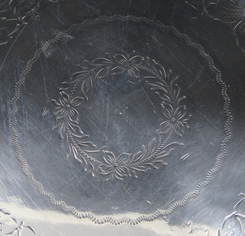Antique c1870 Portuguese .958 Silver Hand Engraved Round Tray Platter 9 3/4"