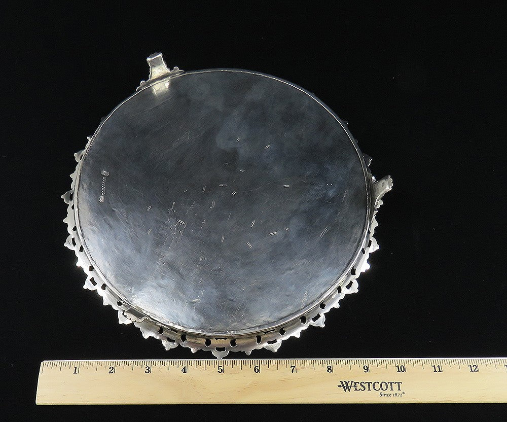 Antique c1870 Portuguese .958 Silver Hand Engraved Round Tray Platter 9 3/4"