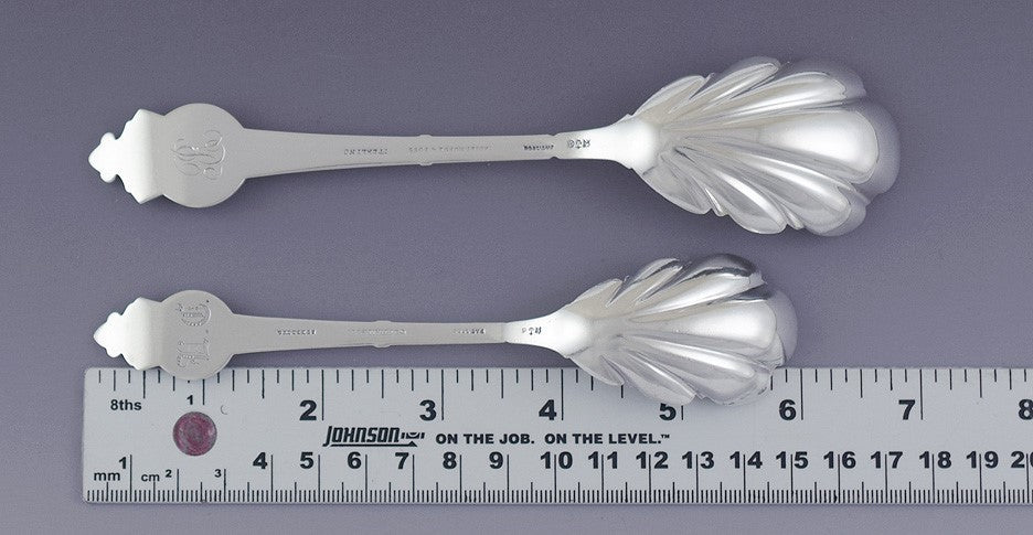 Great Pair Gorham Sterling Silver Medallion Fluted Serving Scoops / Spoons