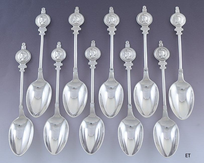 c1860 Great Antique set 10 American Coin Silver Medallion Coffee / Teaspoons