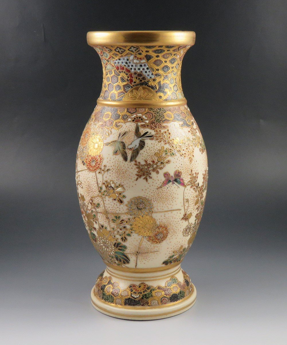 Antique Meiji Japanese Satsuma Gold Hand Painted Bird Butterfly Flower Vase