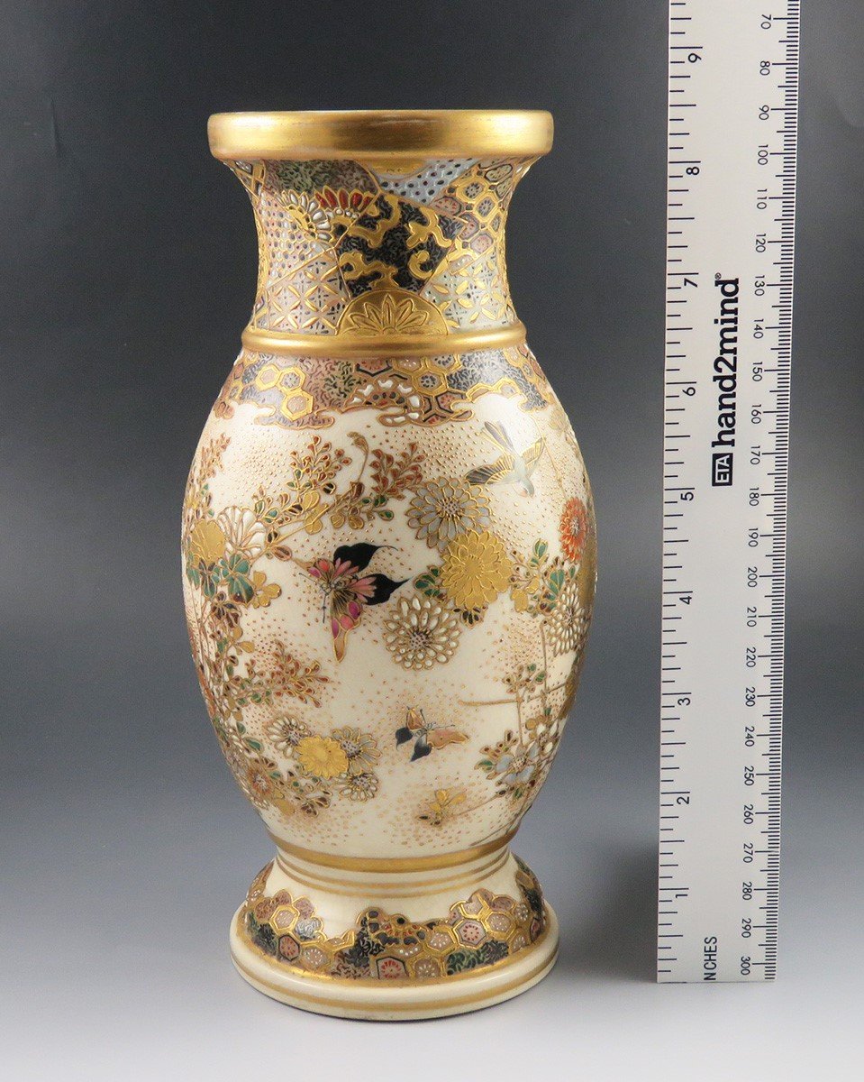 Antique Meiji Japanese Satsuma Gold Hand Painted Bird Butterfly Flower Vase