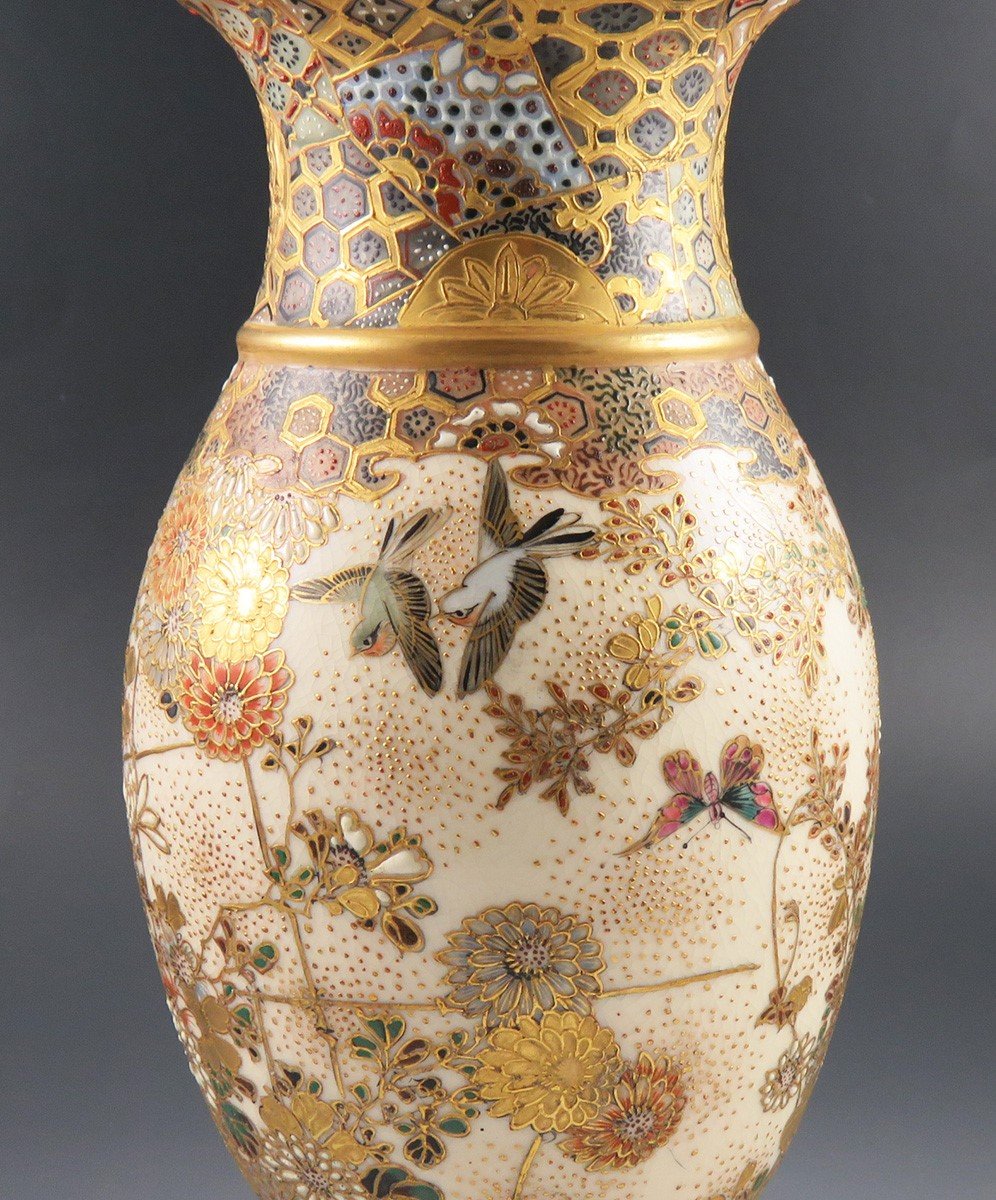 Antique Meiji Japanese Satsuma Gold Hand Painted Bird Butterfly Flower Vase