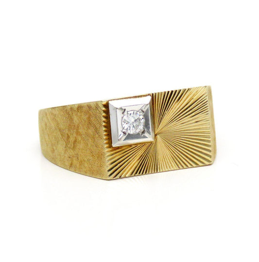 Stylish Retro 14k Yellow Gold Diamond Rectangular Mens Bright Cut Ring