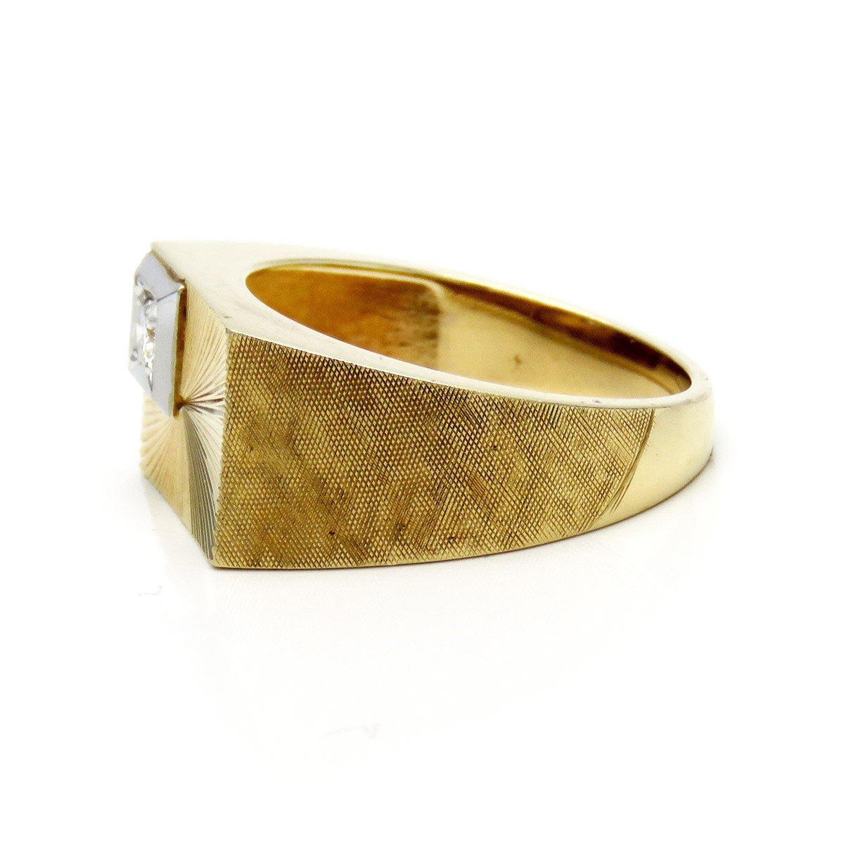 Stylish Retro 14k Yellow Gold Diamond Rectangular Mens Bright Cut Ring