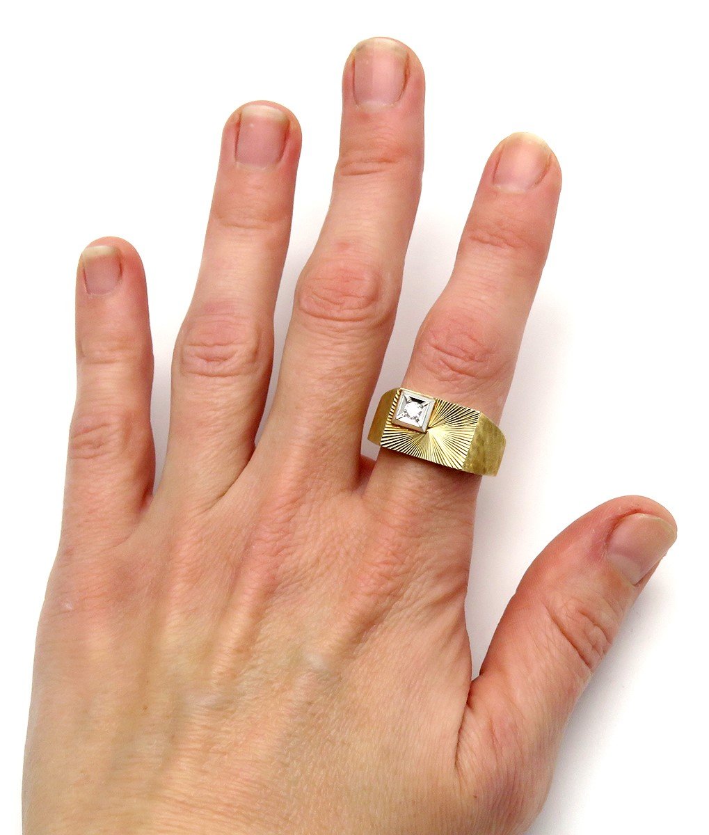 Stylish Retro 14k Yellow Gold Diamond Rectangular Mens Bright Cut Ring
